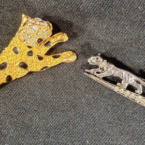 PAIR Vintage Double Jaguar and Leopard Brooch Cats Rhinestones Silver Goldtone
